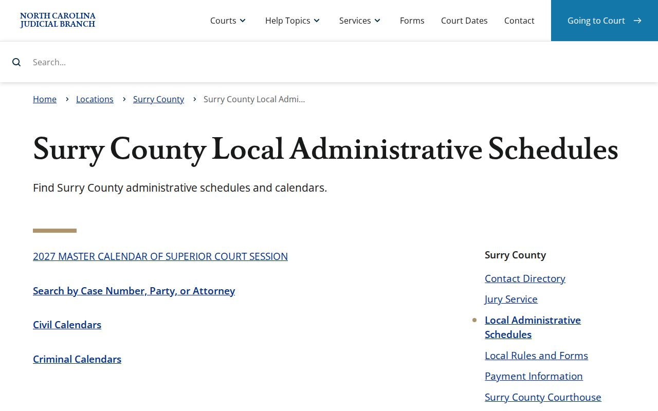 Surry County court calendar local administrative schedules