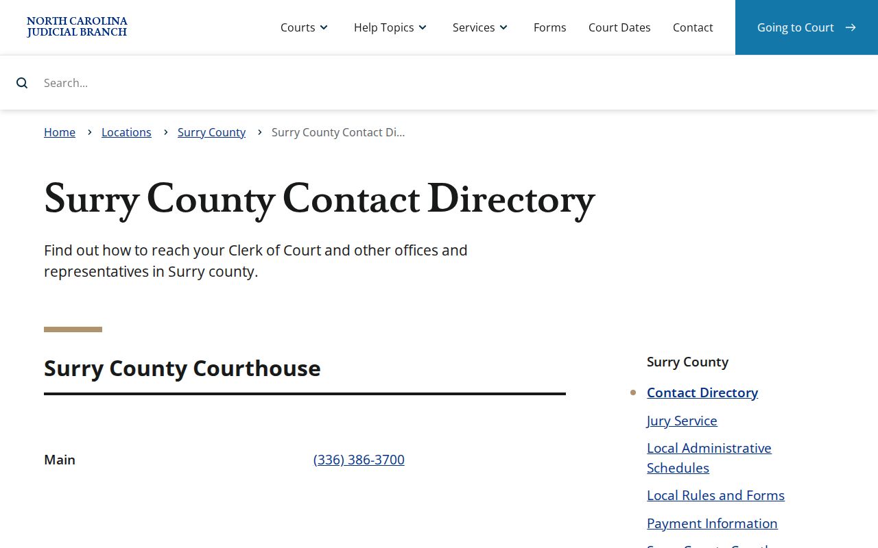 Mount Airy court records routing through the Surry County Clerk contact directory